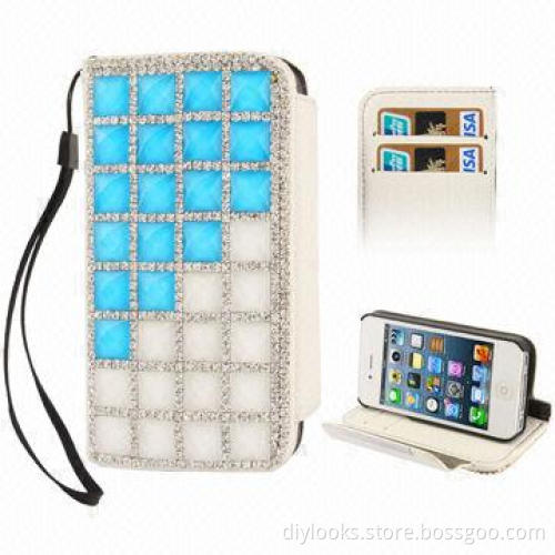 Easy to Carry 2-color Series Blue and White Diamond Encrusted Horizontal Flip Leather Case